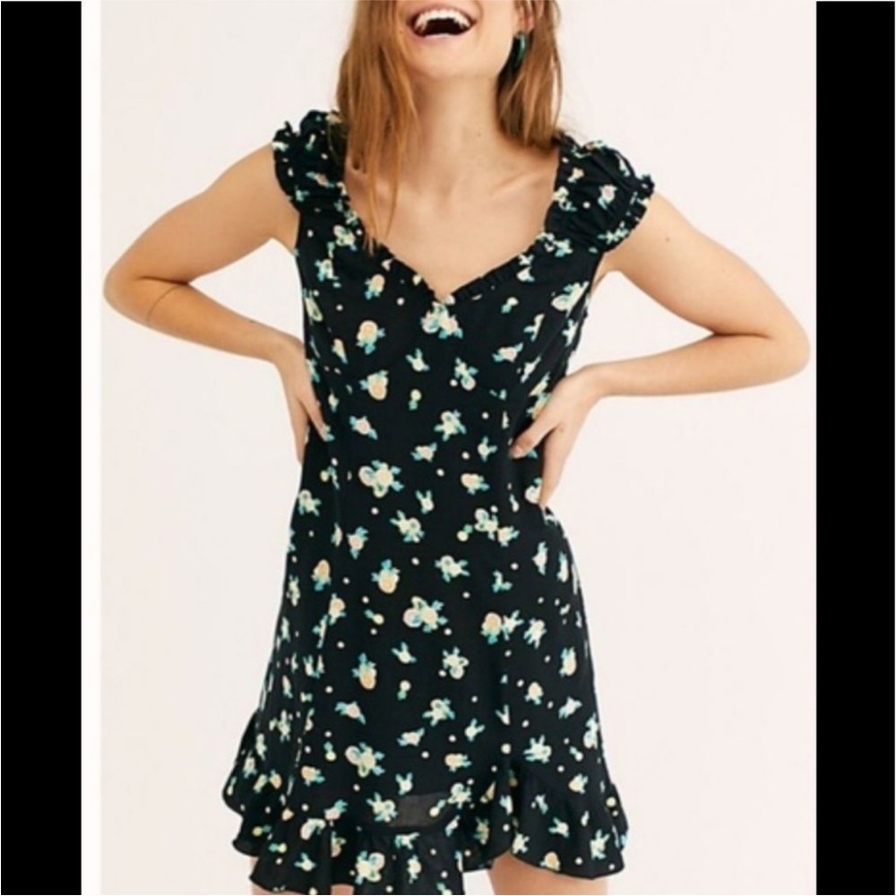 FREE PEOPLE Like a Lady Linen Citrus Novelty Printed Mini Dress Ruffle Tie Back - Picture 3 of 11